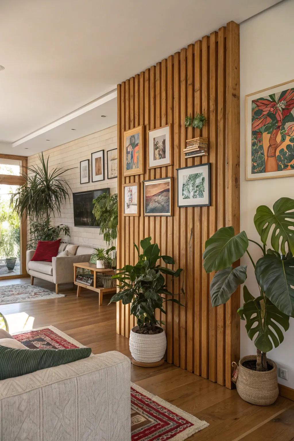 Breathe life into your space with art and greenery on a timber panel wall.