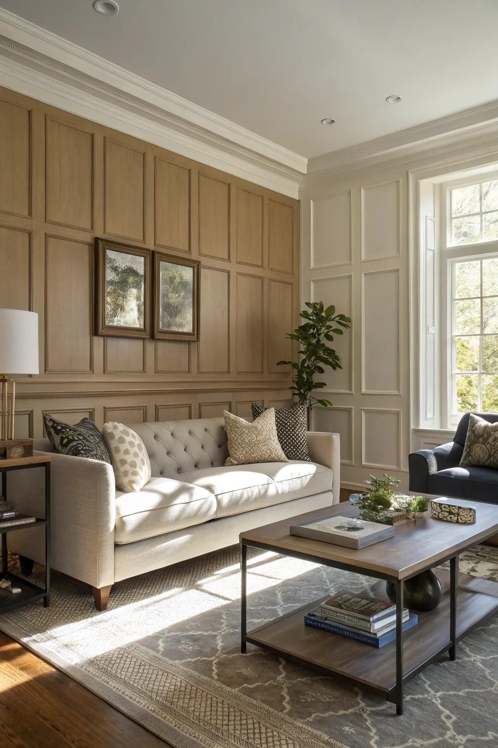 Classic meets modern in a moody living room.