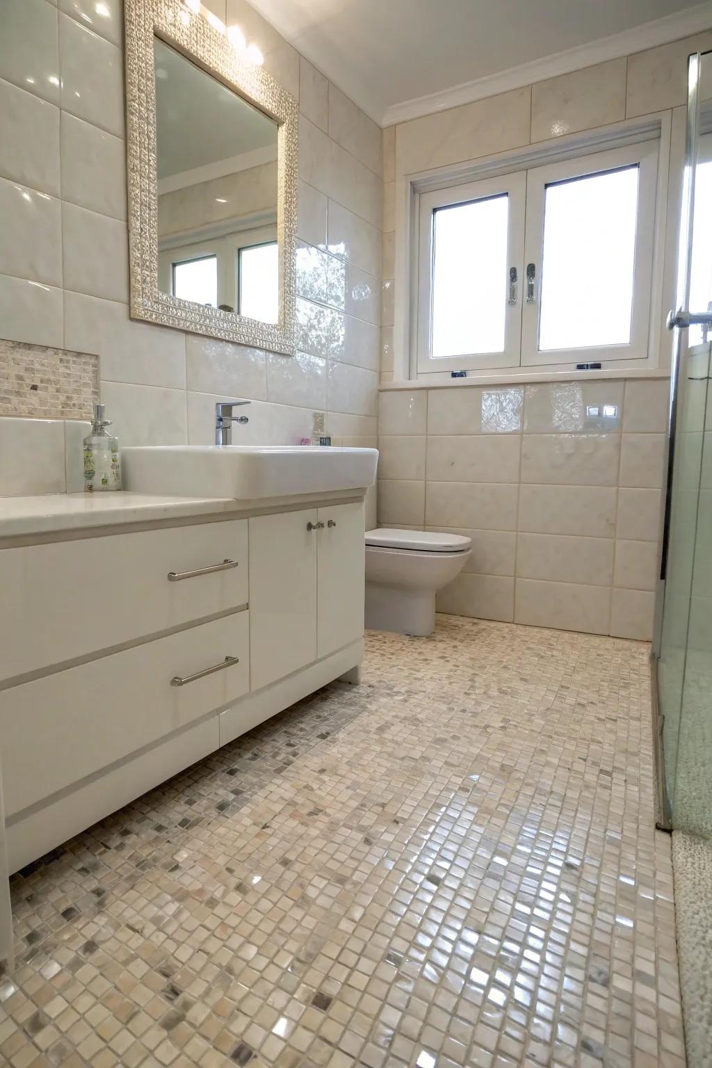 Mother of pearl floor tiles provide a subtle elegance and beautifully reflect light.