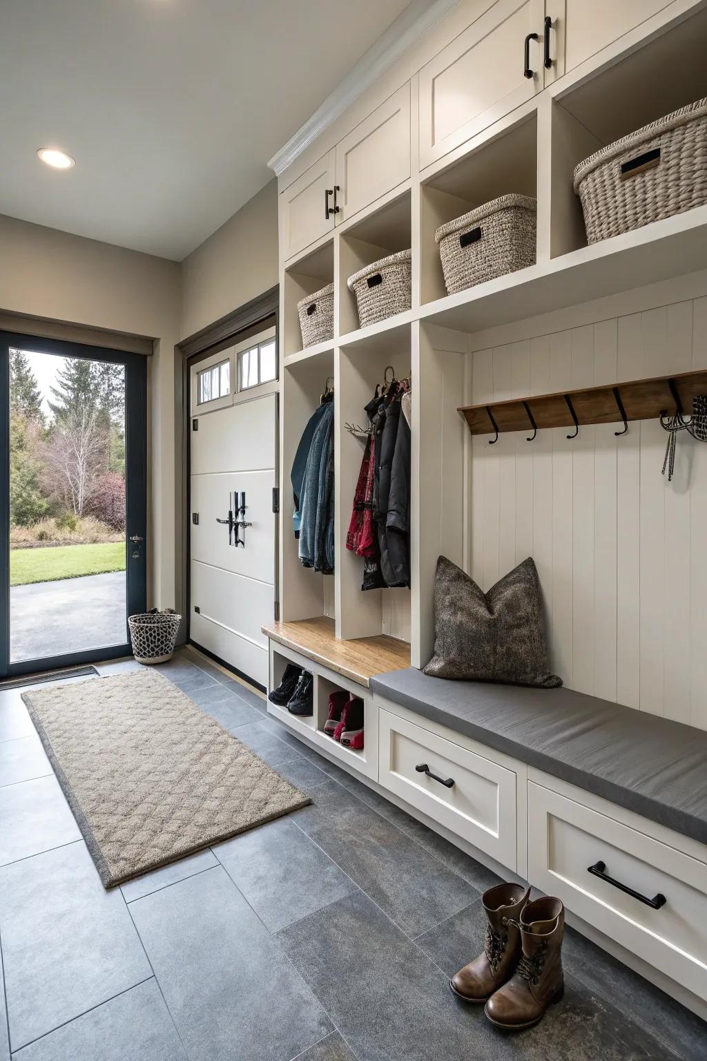 A clever application of garage space for a mudroom.