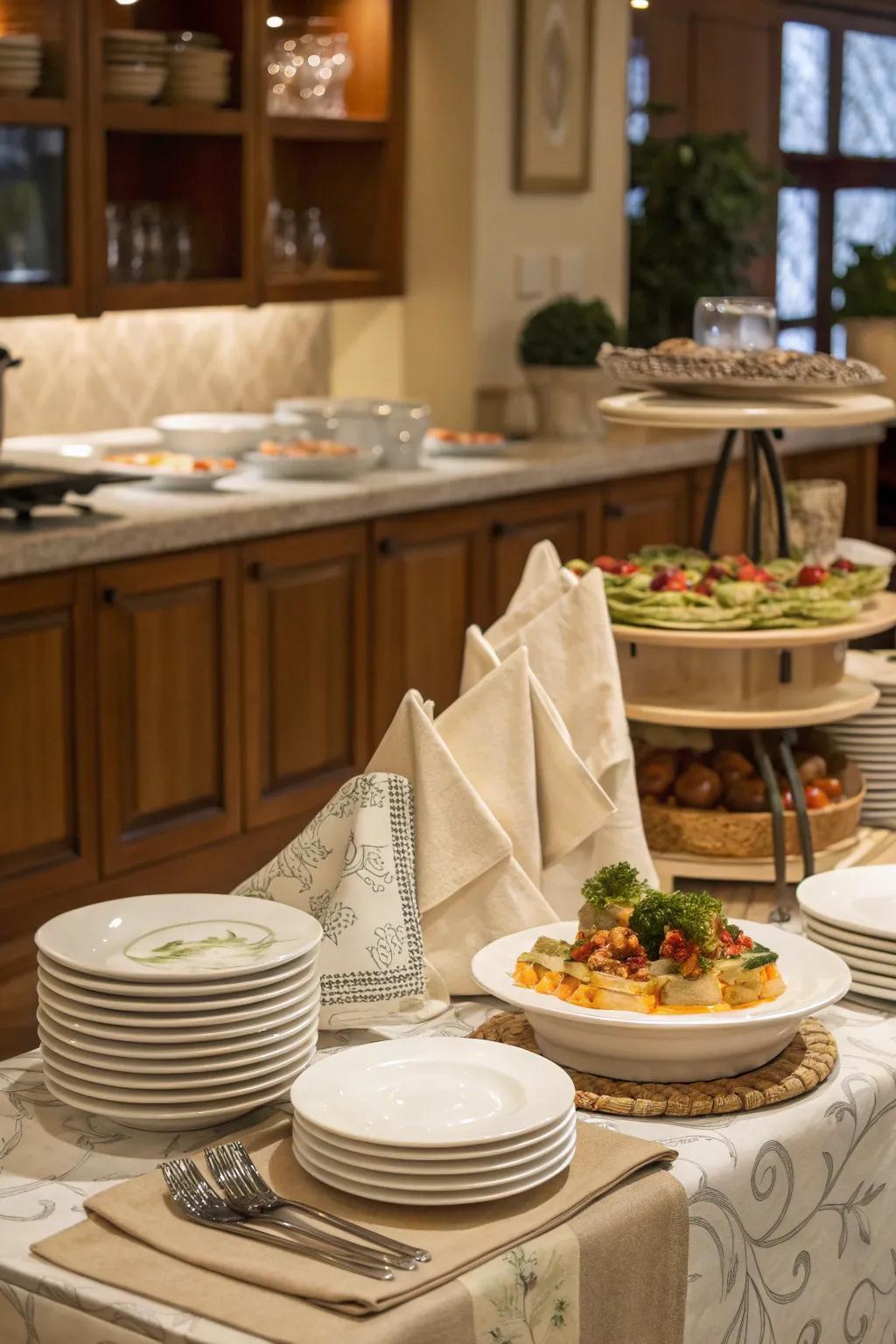 Combining your dishware display with napkin storage for a visually appealing layout.