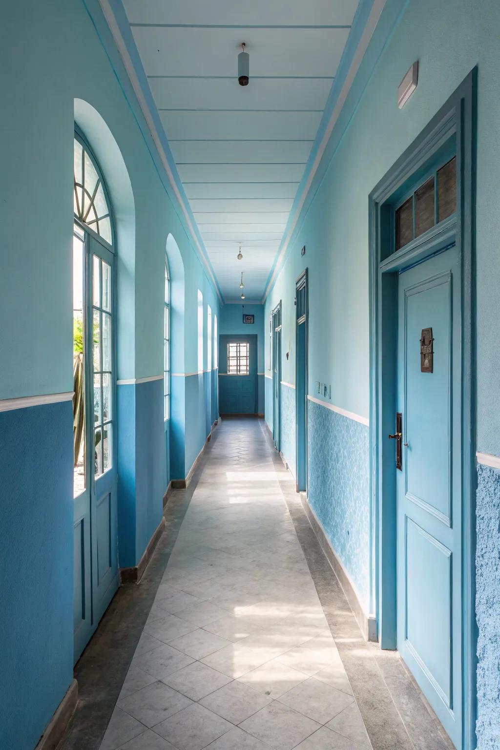 Cool shades can cause a narrow hallway to feel more spacious and calming.