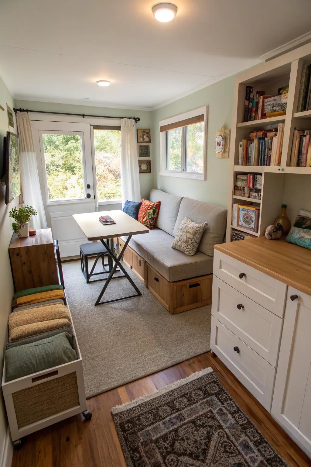 Space-saving furniture maximizing utility in a narrow living space.