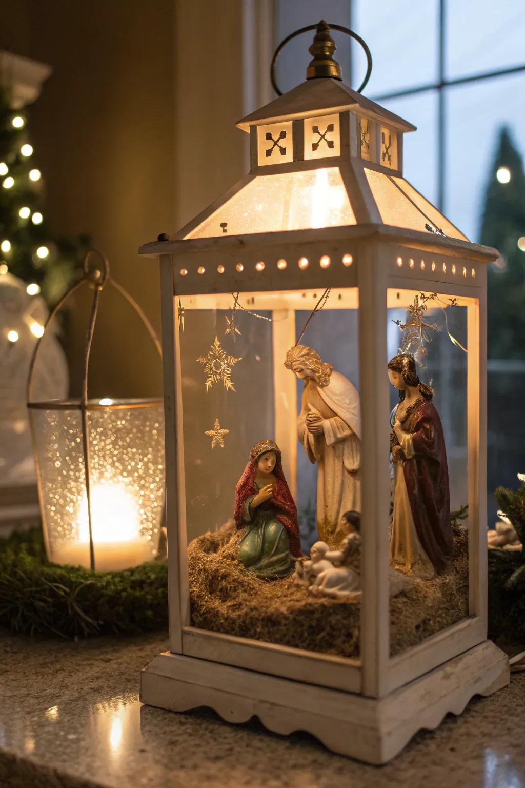 A snug nativity scene displayed within a decorative luminary.