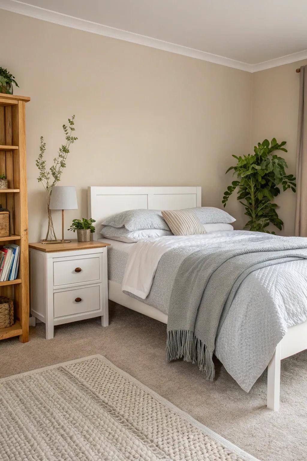 Simplicity betters the peace of a nature-inspired bedroom.