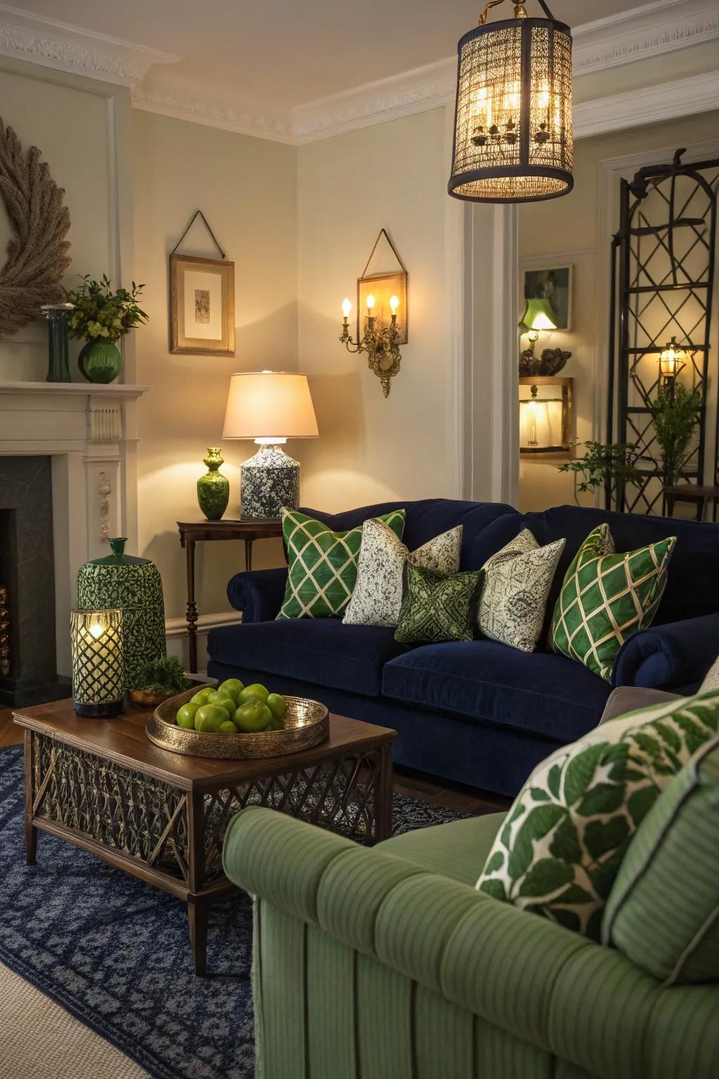 Layered luminosity enhances the living area's warmth and comfort.