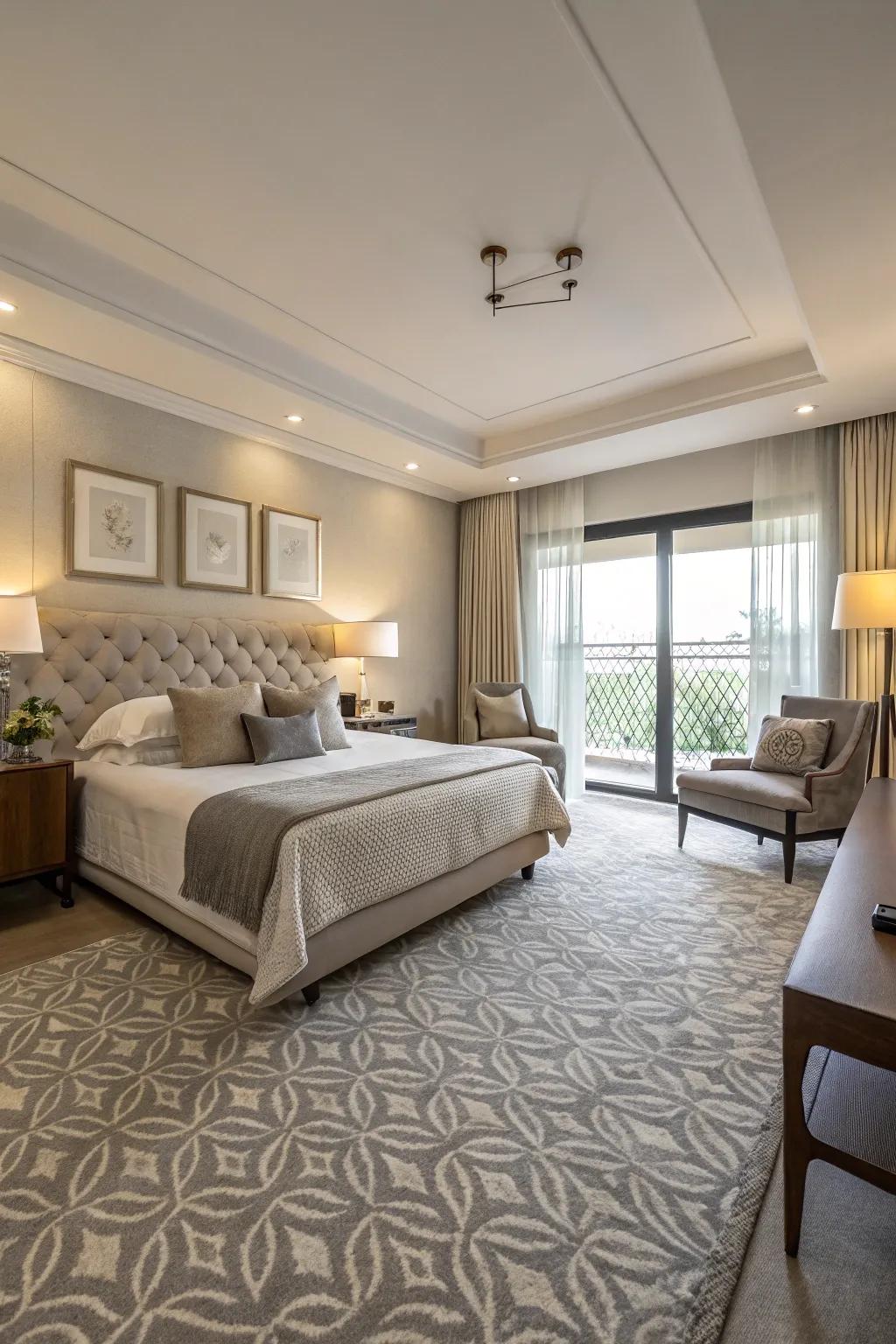 Subdued graphics in carpets contribute a hint of class and allure.