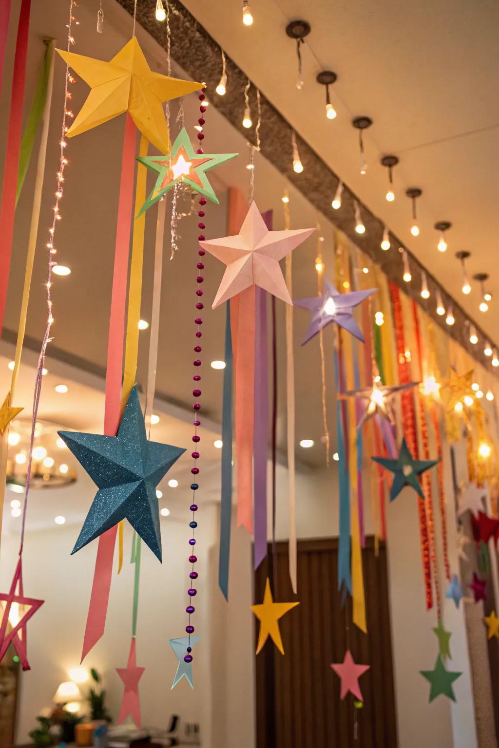 Dazzling stars and ribbons add a playful touch to the celebration.
