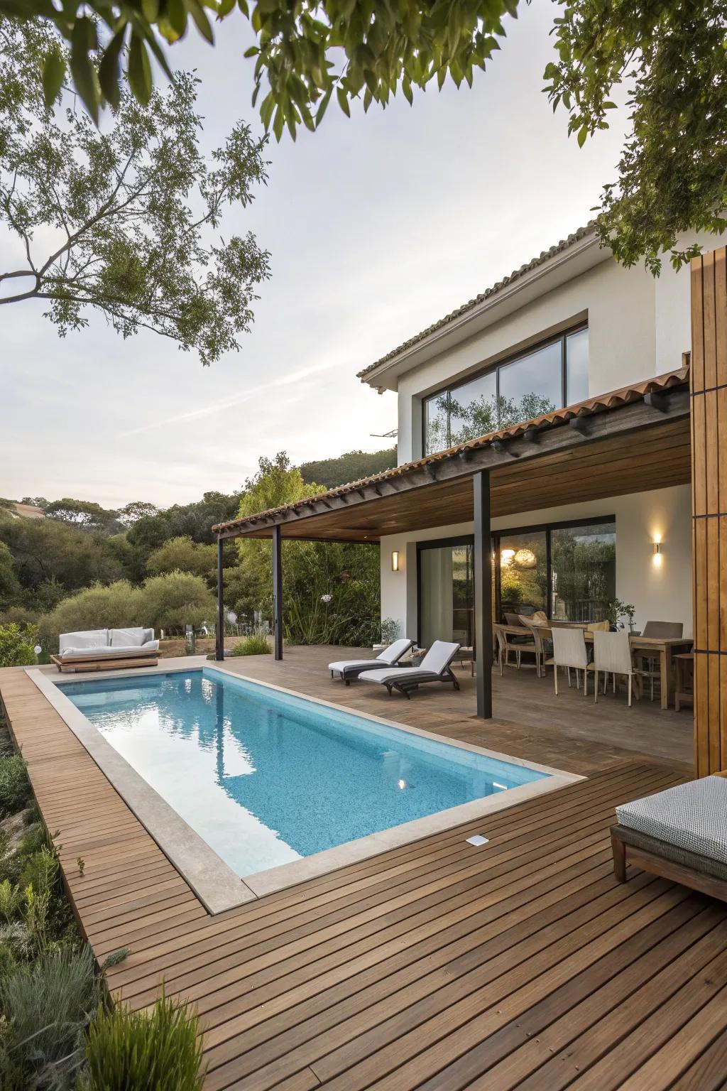 A pool with refined timber decking, delivering a chic and pleasant lounging space.