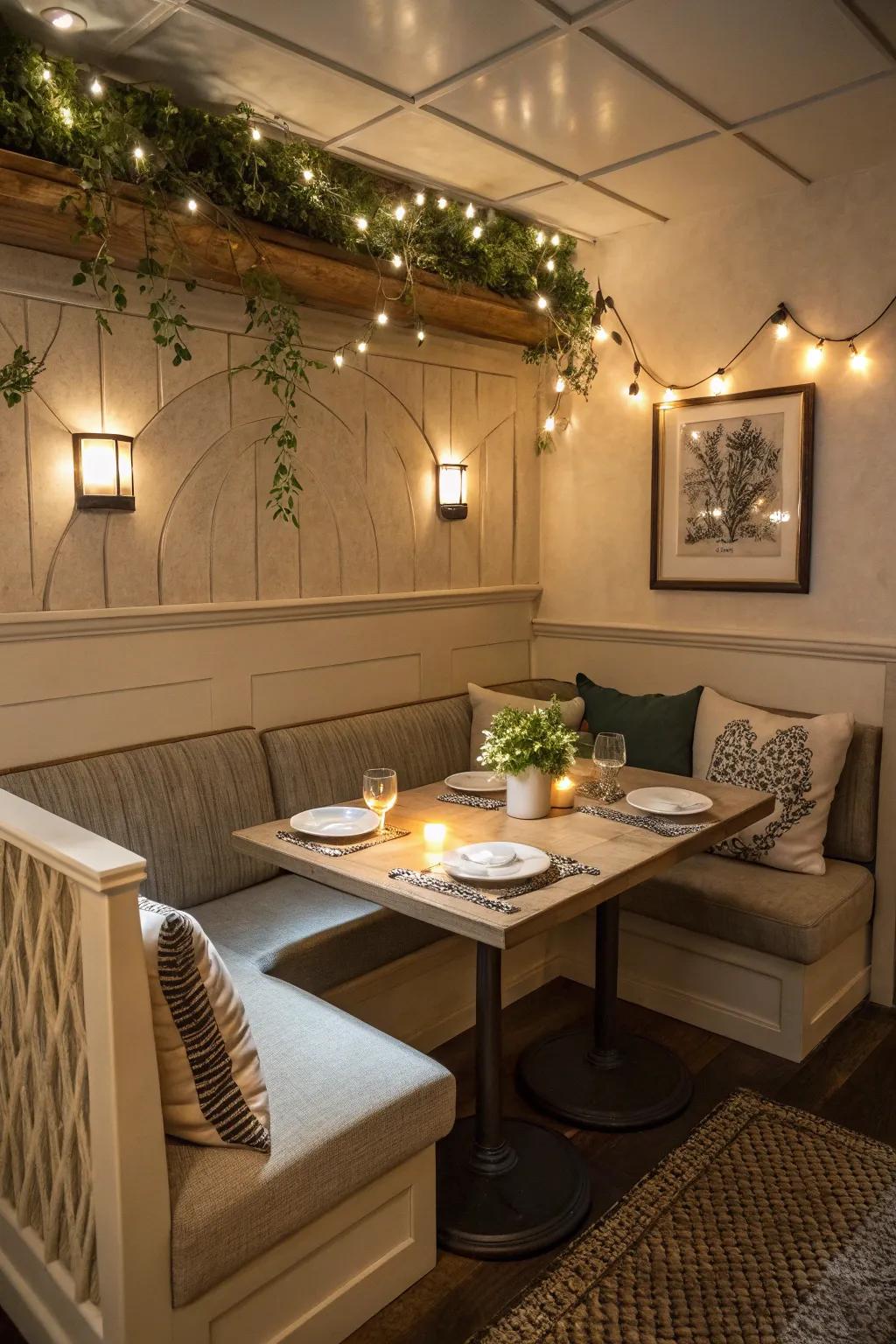 Enjoy meals in a cozy eating area, complete with built-in seating and a welcoming atmosphere.