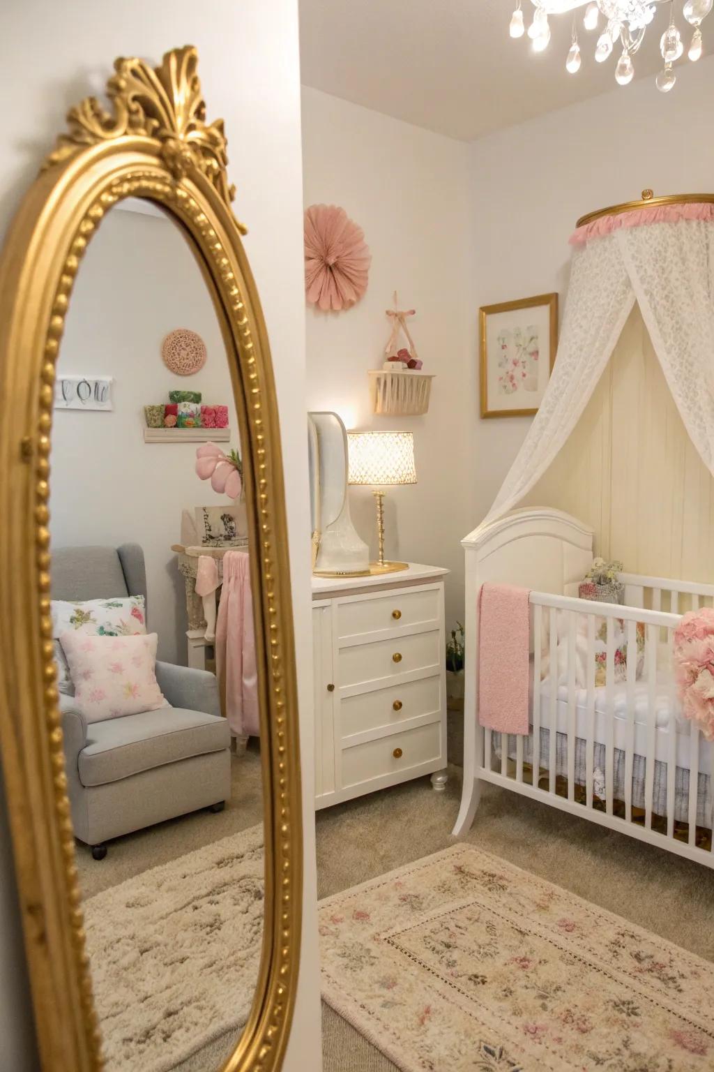 A reflector featuring gilded accents introduces a hint of luxury to this nursery.