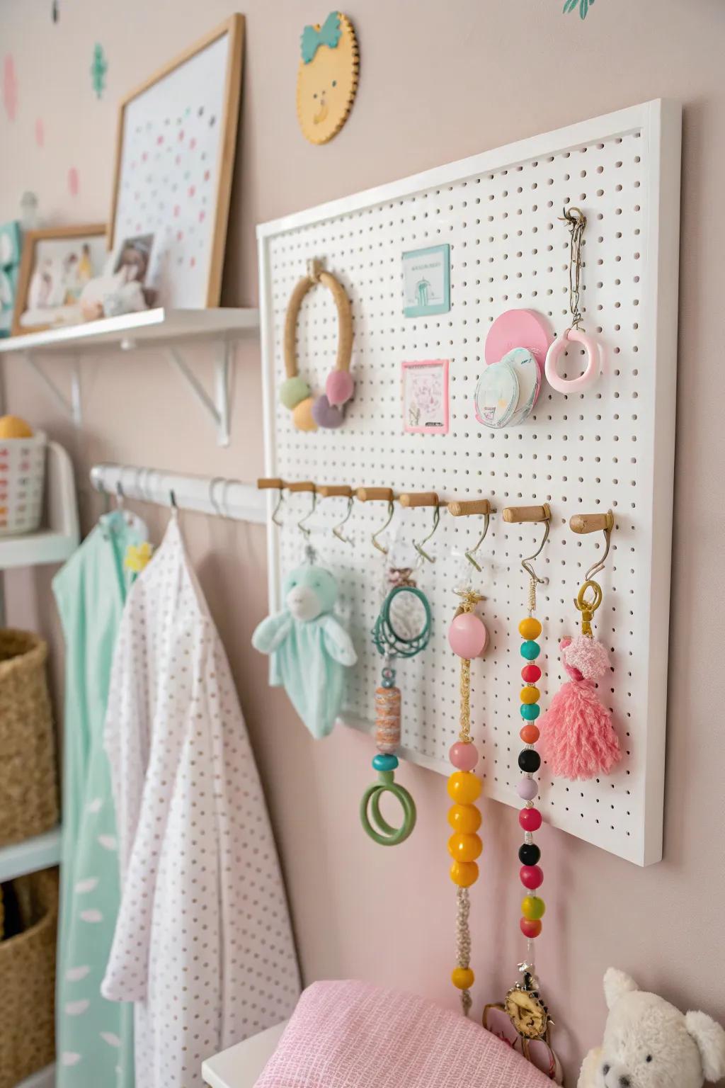 A flexible panel board arrangement for arranging and exhibiting infant items.