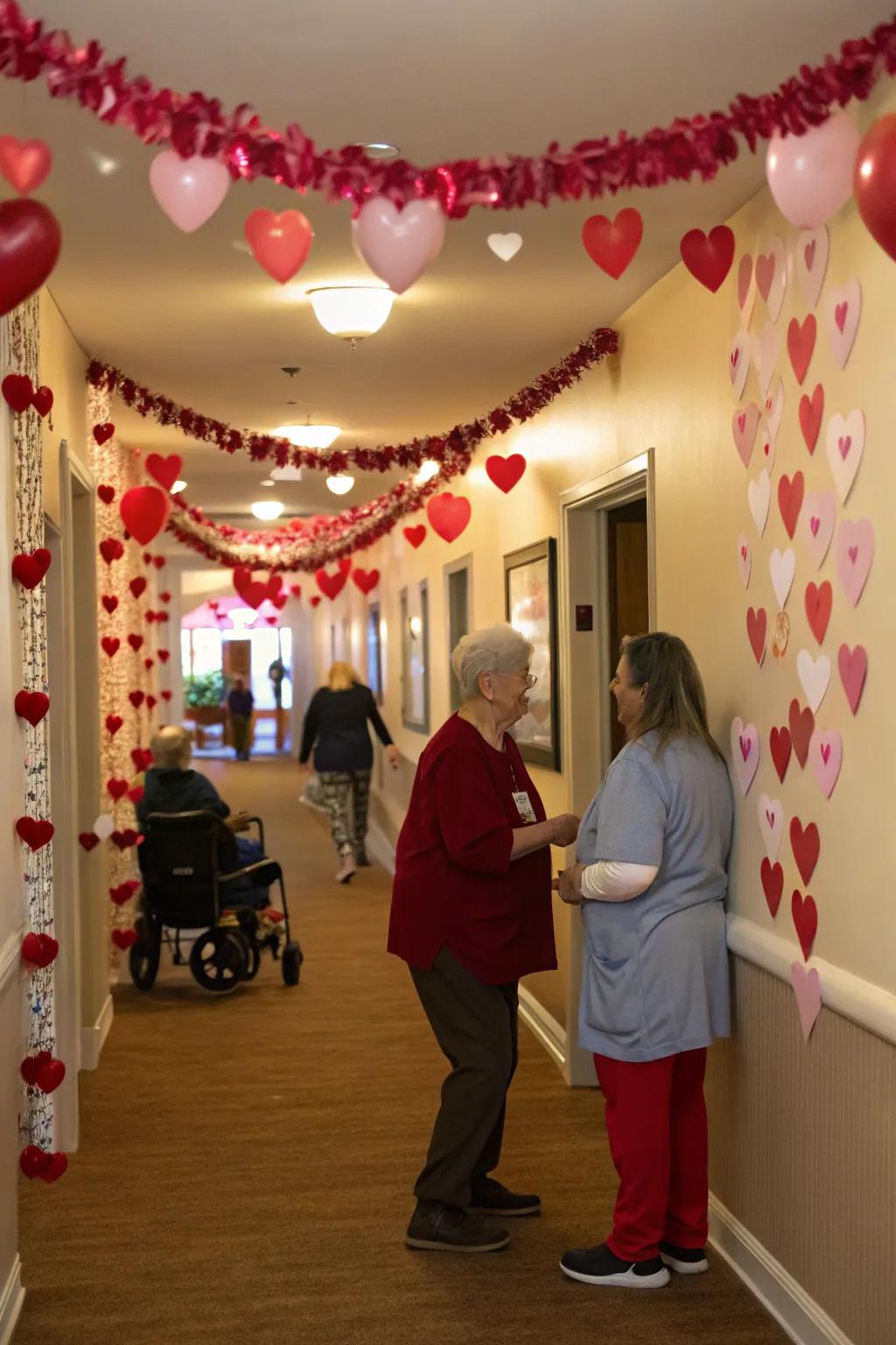 Affection-themed adornments bringing Valentine's spirit to the care facility.