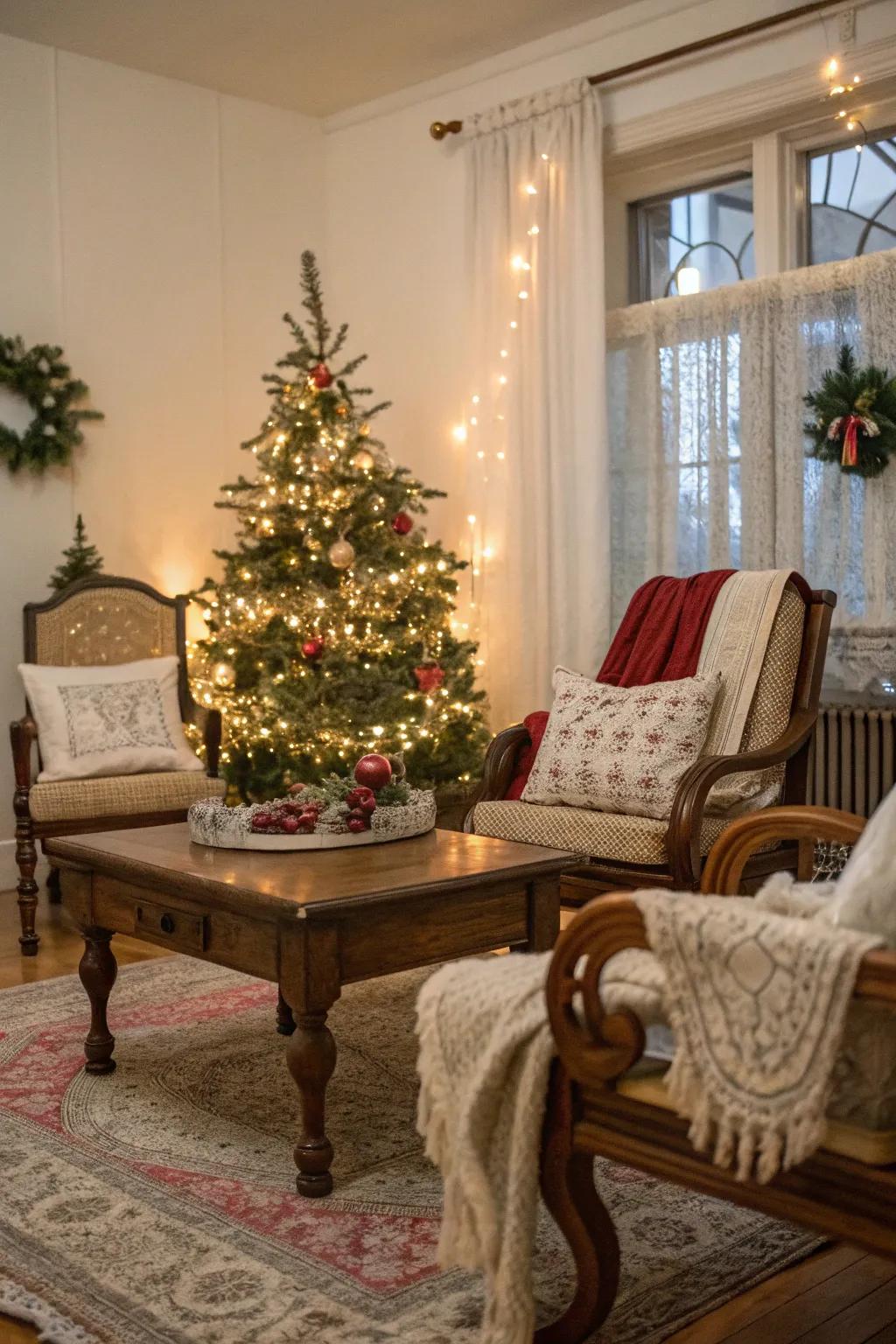 Aged furnishings contribute essence and heritage to your holiday decor.