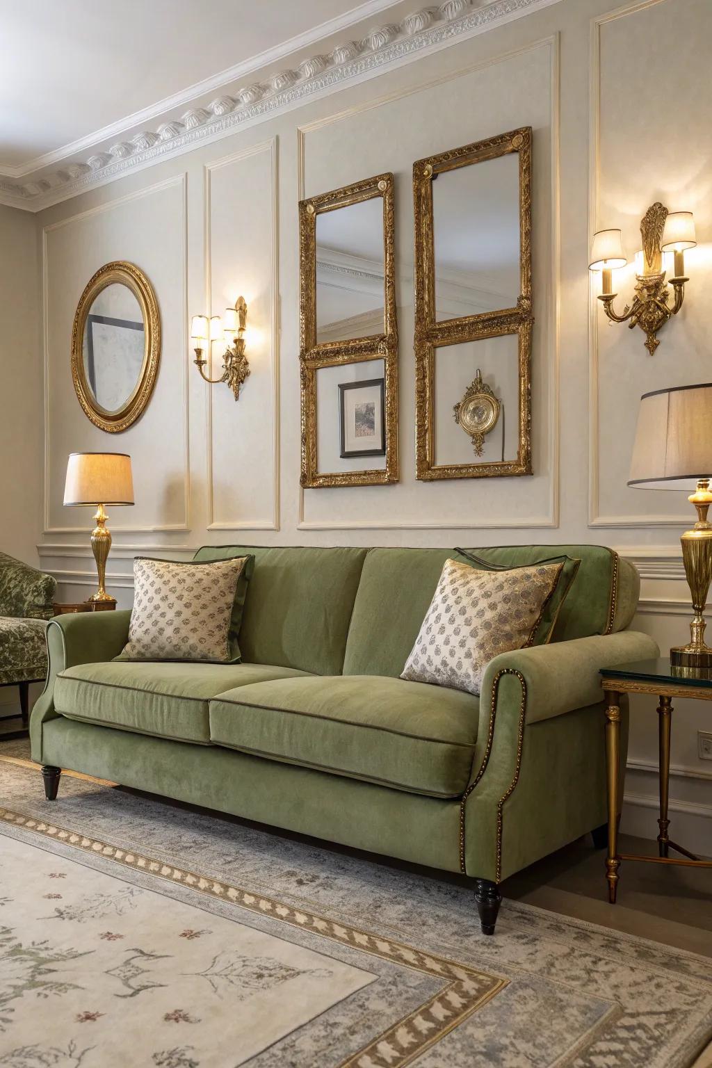 Gilded and bronze features impart a luxurious touch to the area.