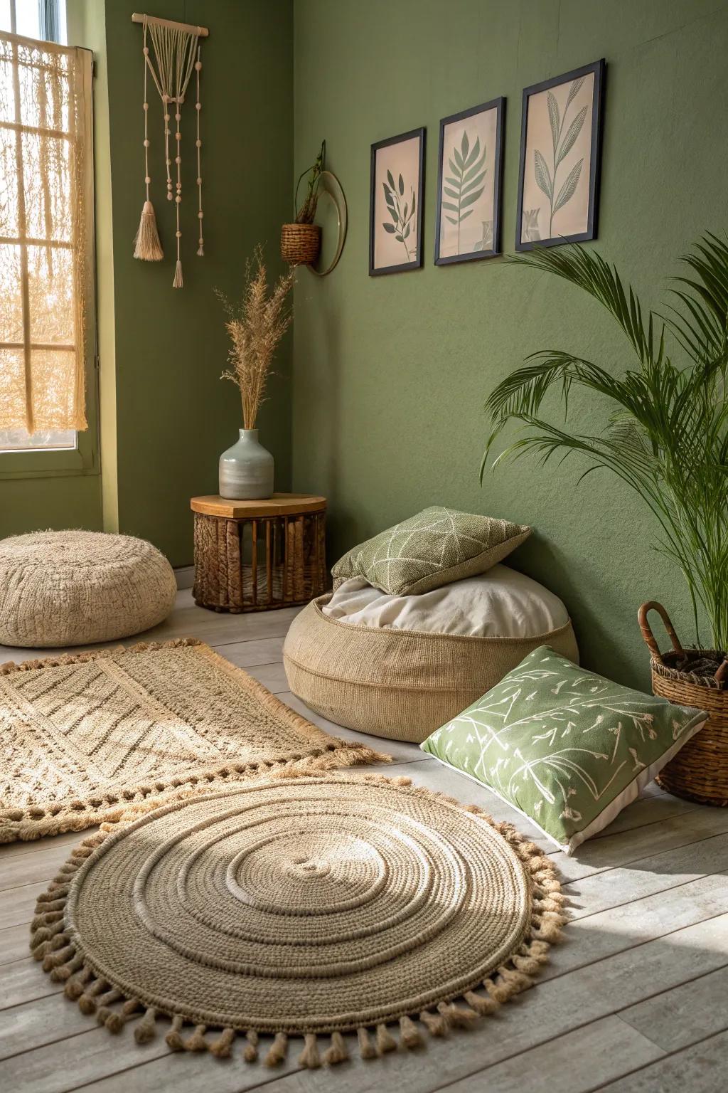 The olive green walls benefit from rich textures.