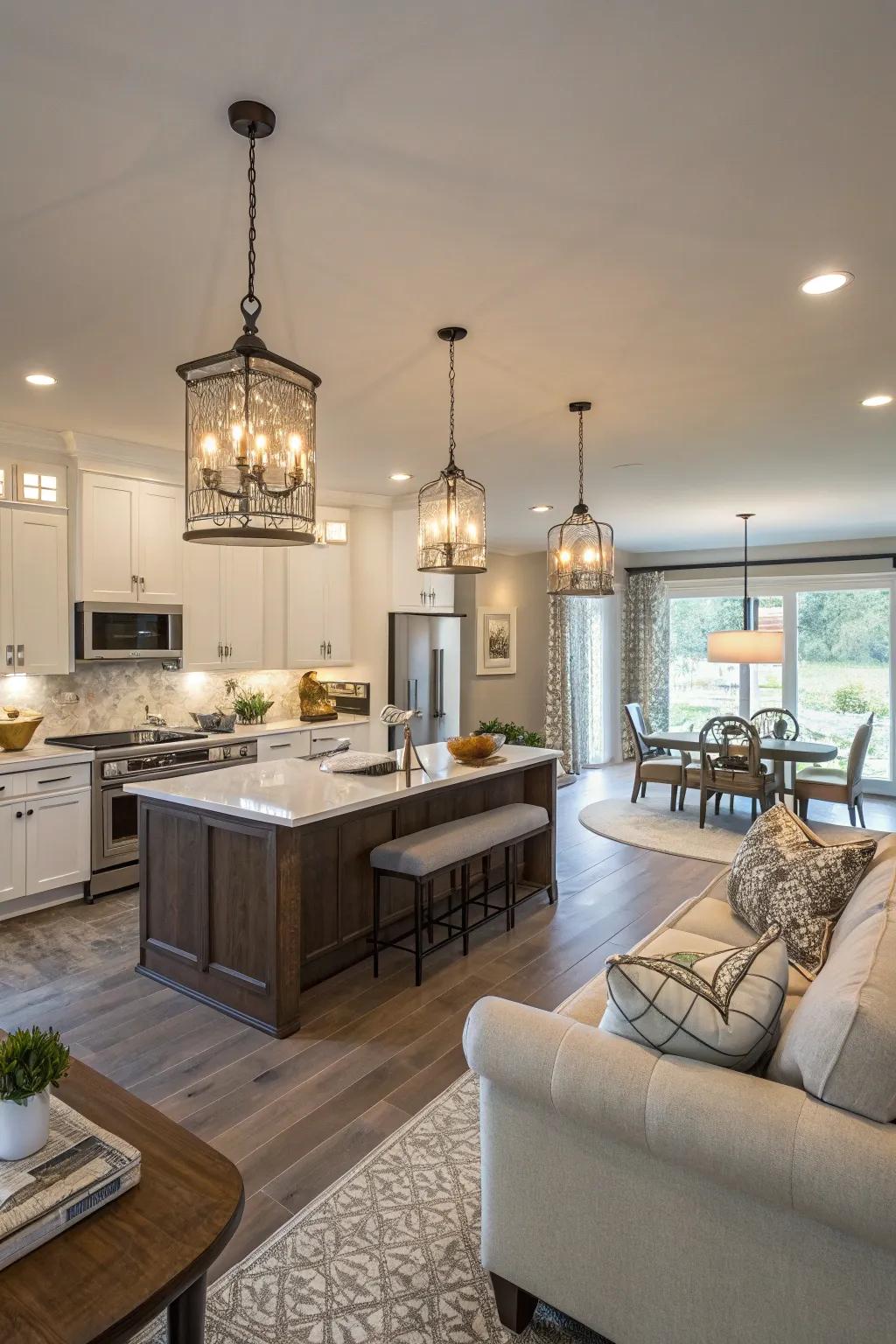 Stylish light fixtures introduce elegance and practicality.