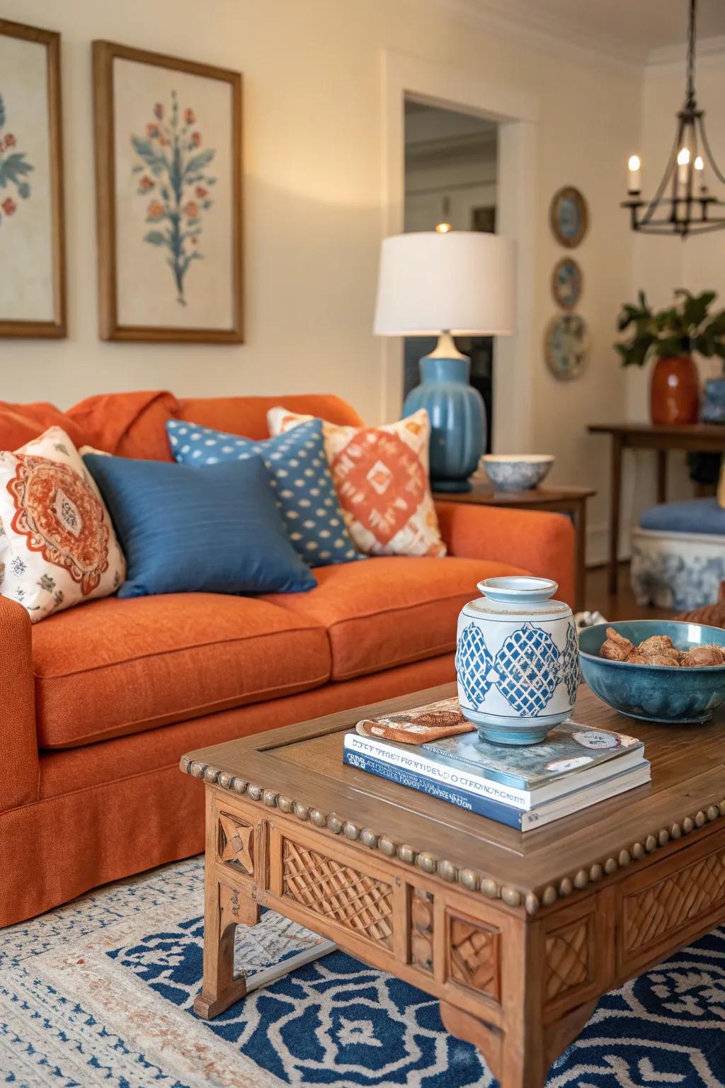 Blue and orange elements unite to form a harmonious and stylish living room.