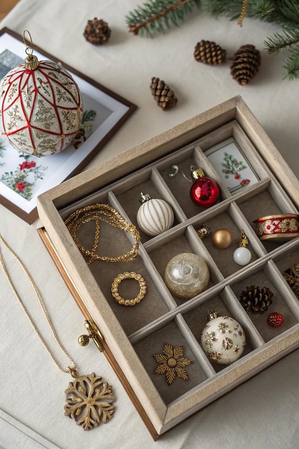 A personalized ornament display in a shadow box.