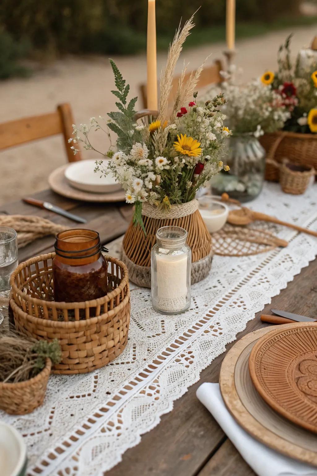 Down-to-earth hues compose a harmonious boho wedding table arrangement.