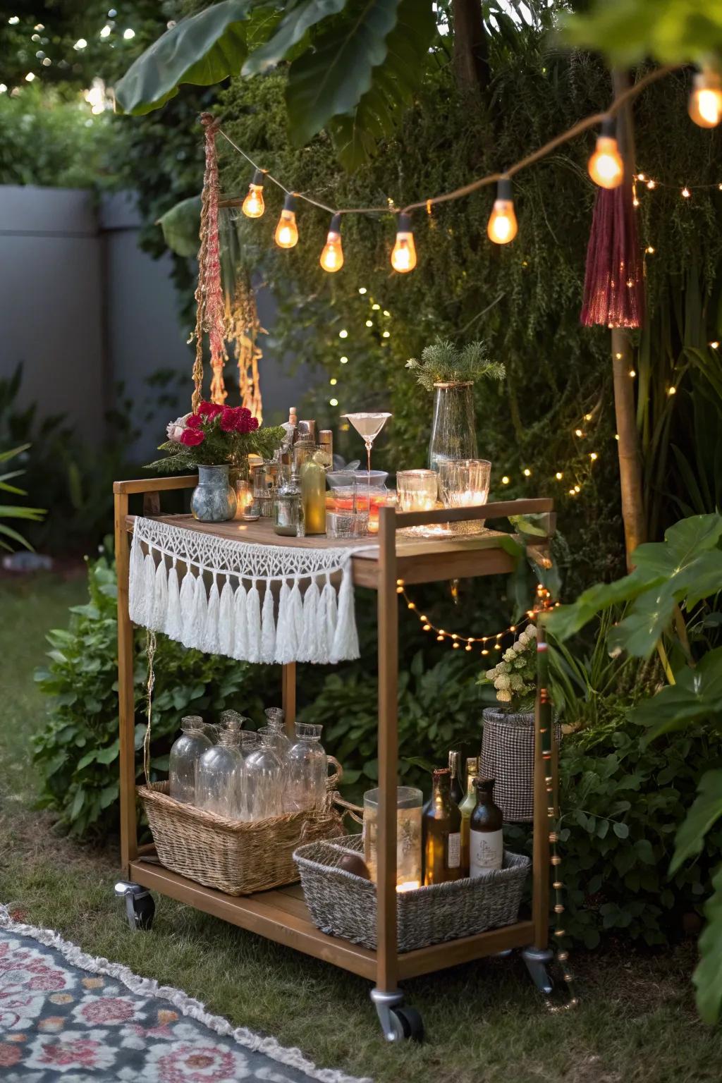 A bohemian bar trolley introduces an eclectic allure to your open-air space.