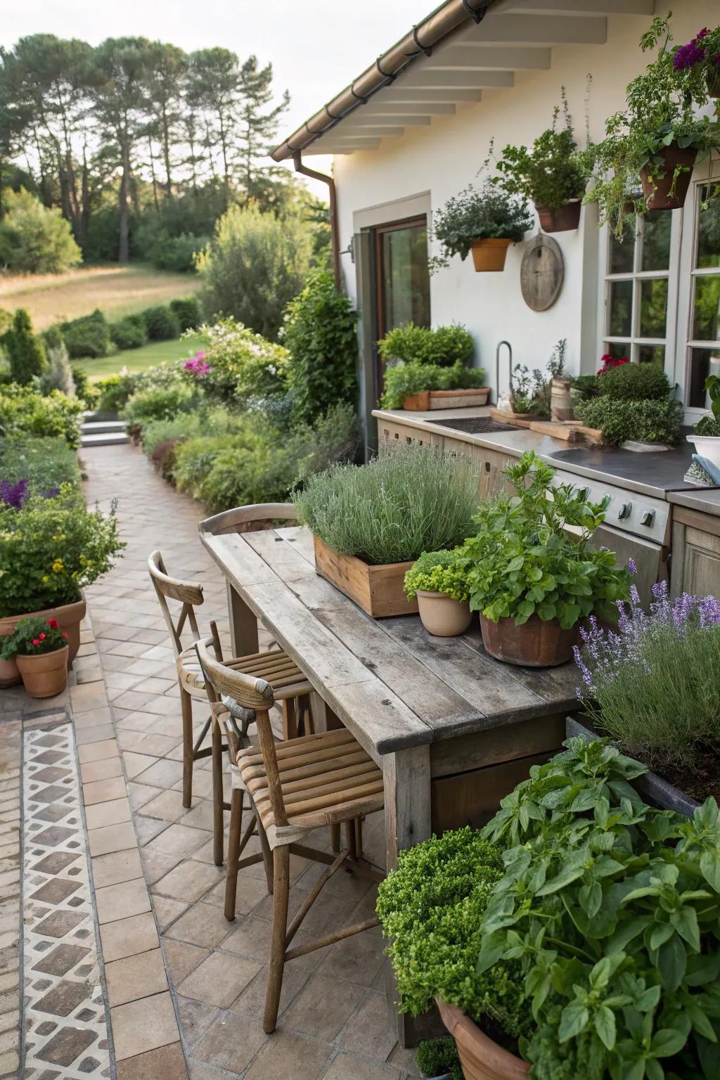 Vegetation includes a burst of fresh vibrancy to your open-air cooking area.