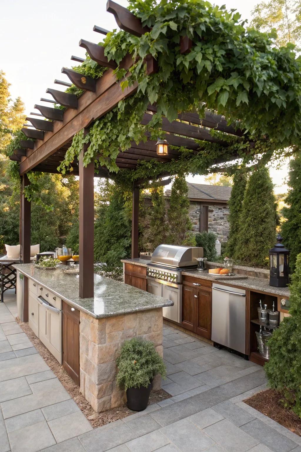 An outdoor kitchen island comfortably shaded by a fashionable pergola, enclosed by verdant foliage.