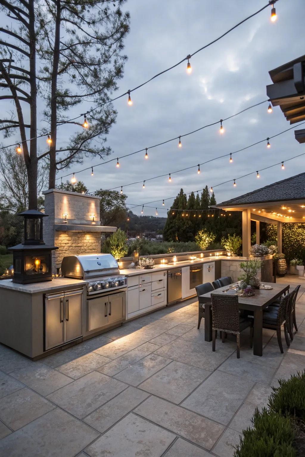 Layered lighting gives outdoor kitchens depth and dimension.