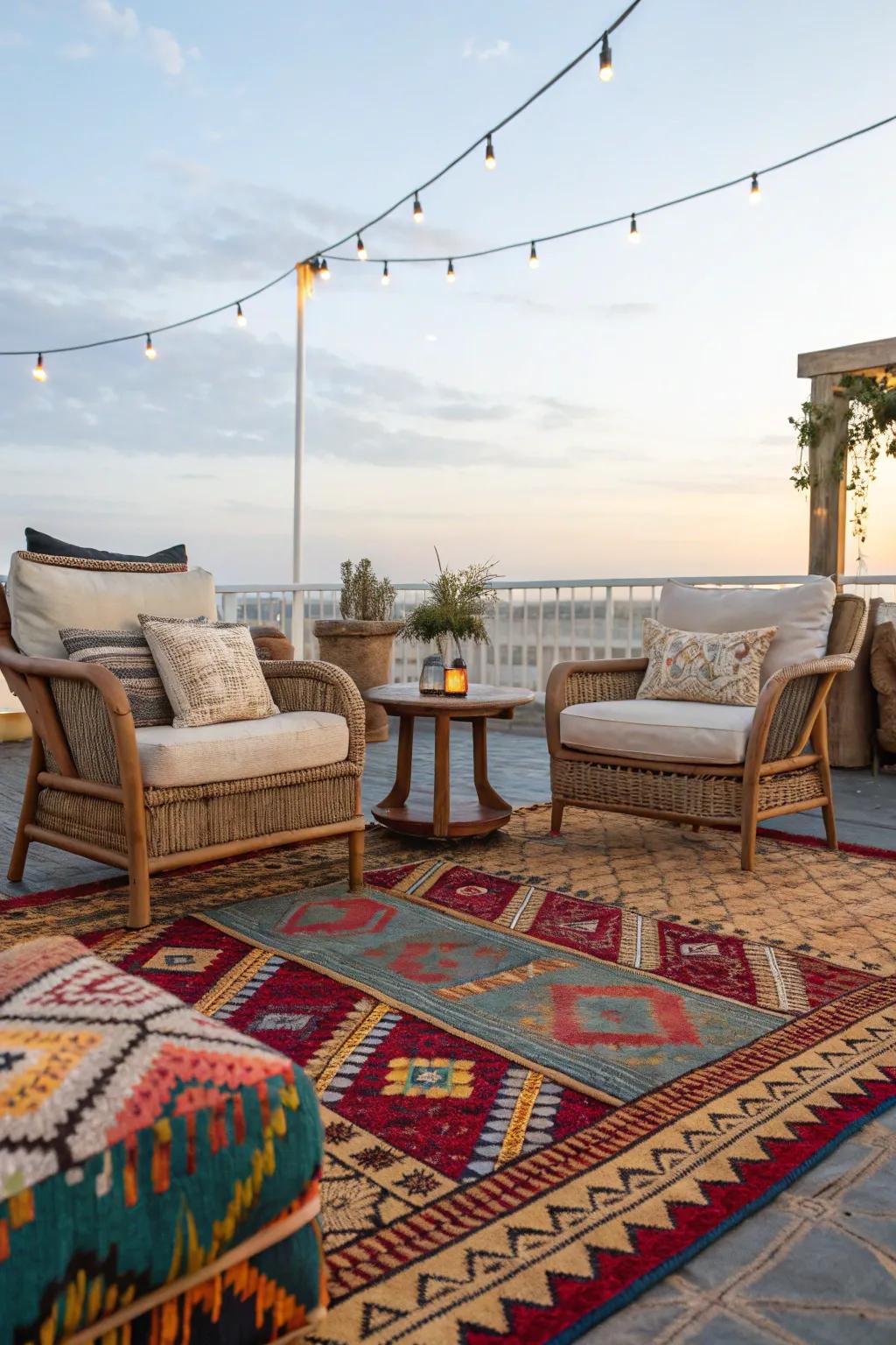 Exterior rugs delineate spaces and incorporate vibrant hue.
