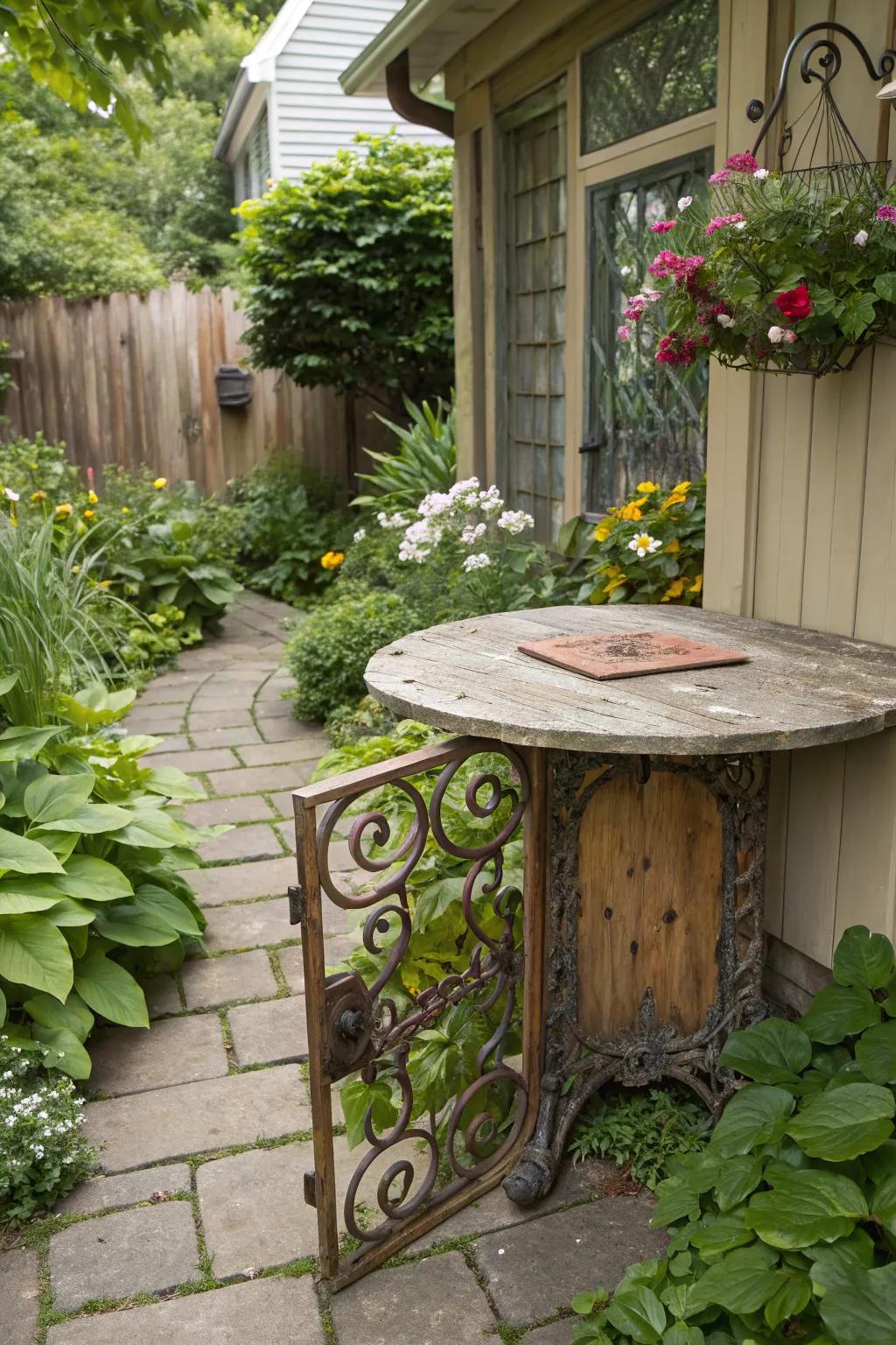 A repurposed garden portal table top imparts history and charm to any environment.
