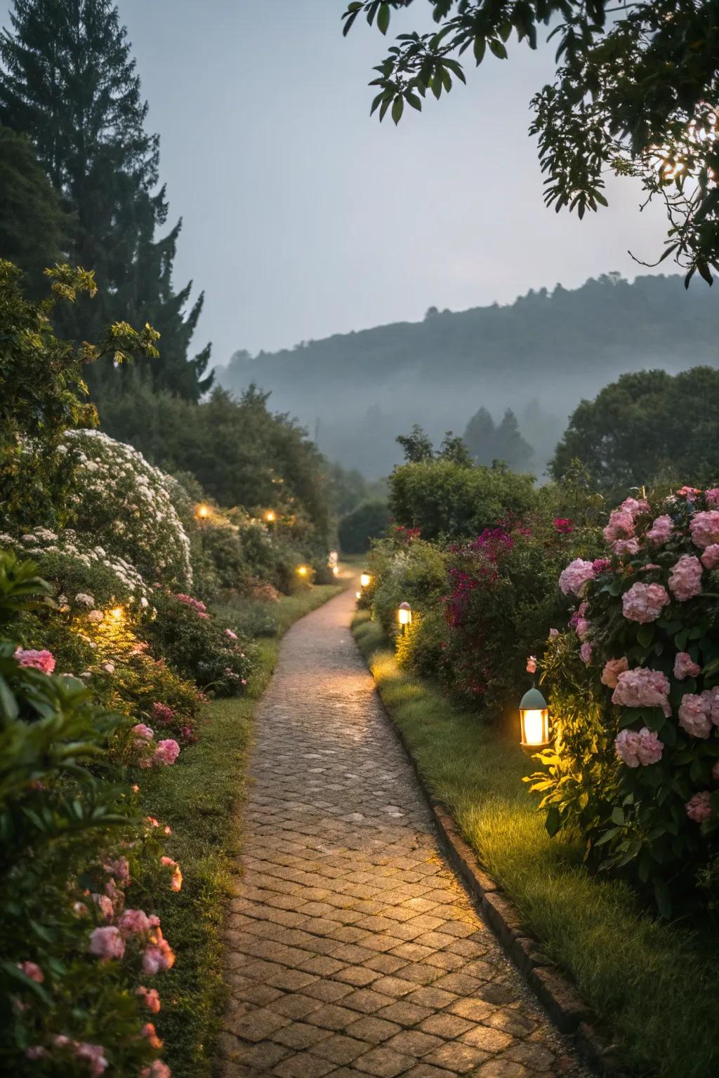 Warm soft lights create a cozy path.