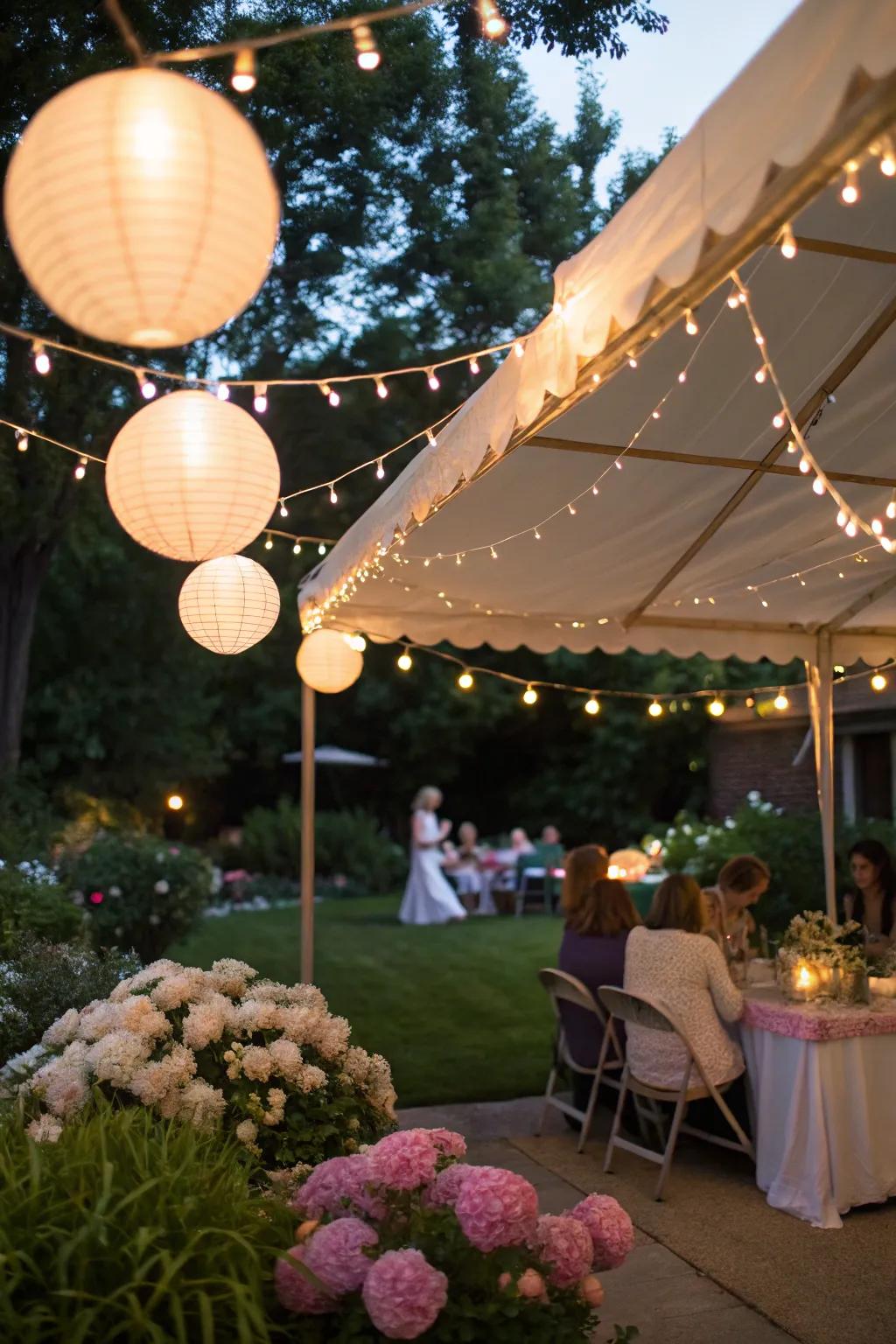 Ambient lighting sets a magical tone for an evening baby shower.