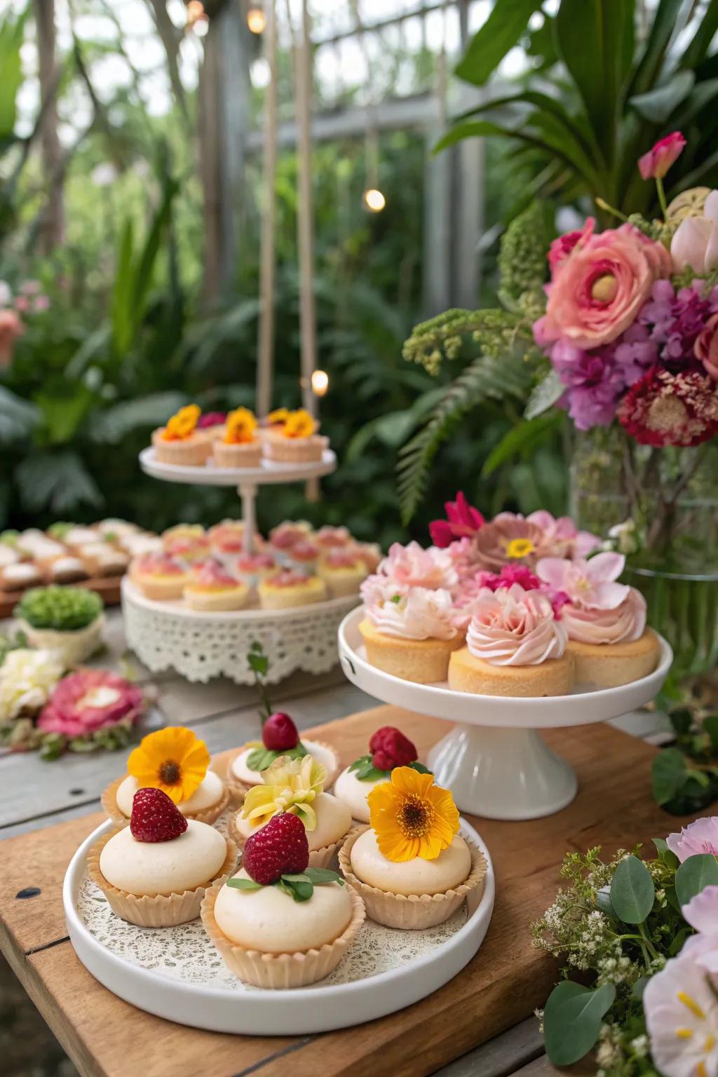 Floral decorations bringing elegance and vibrancy to the dessert showcase.