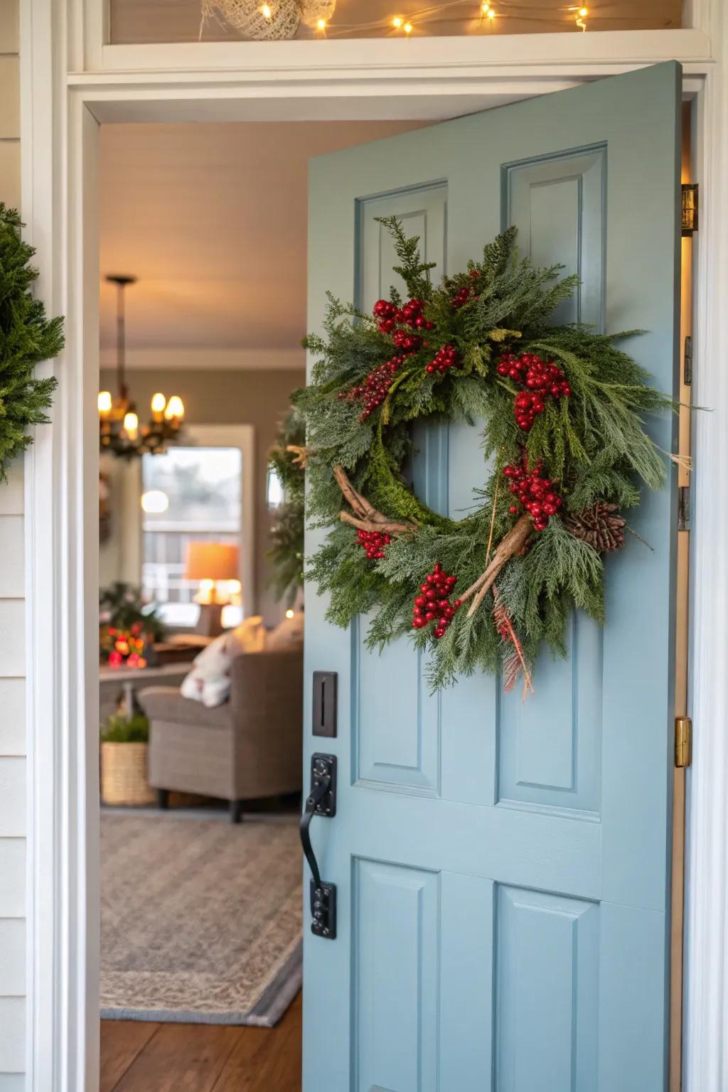 A season-inspired garland adorning the entrance introduces a welcoming and celebratory sentiment.