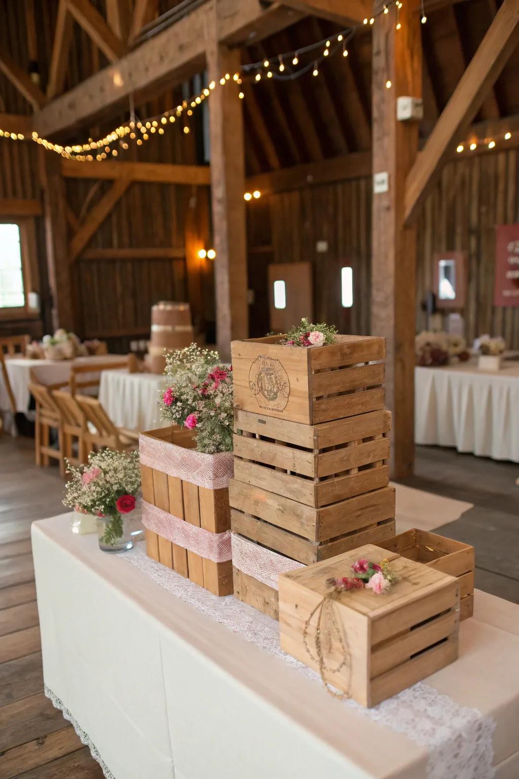 Rustic wooden crates that complement the barn wedding theme.