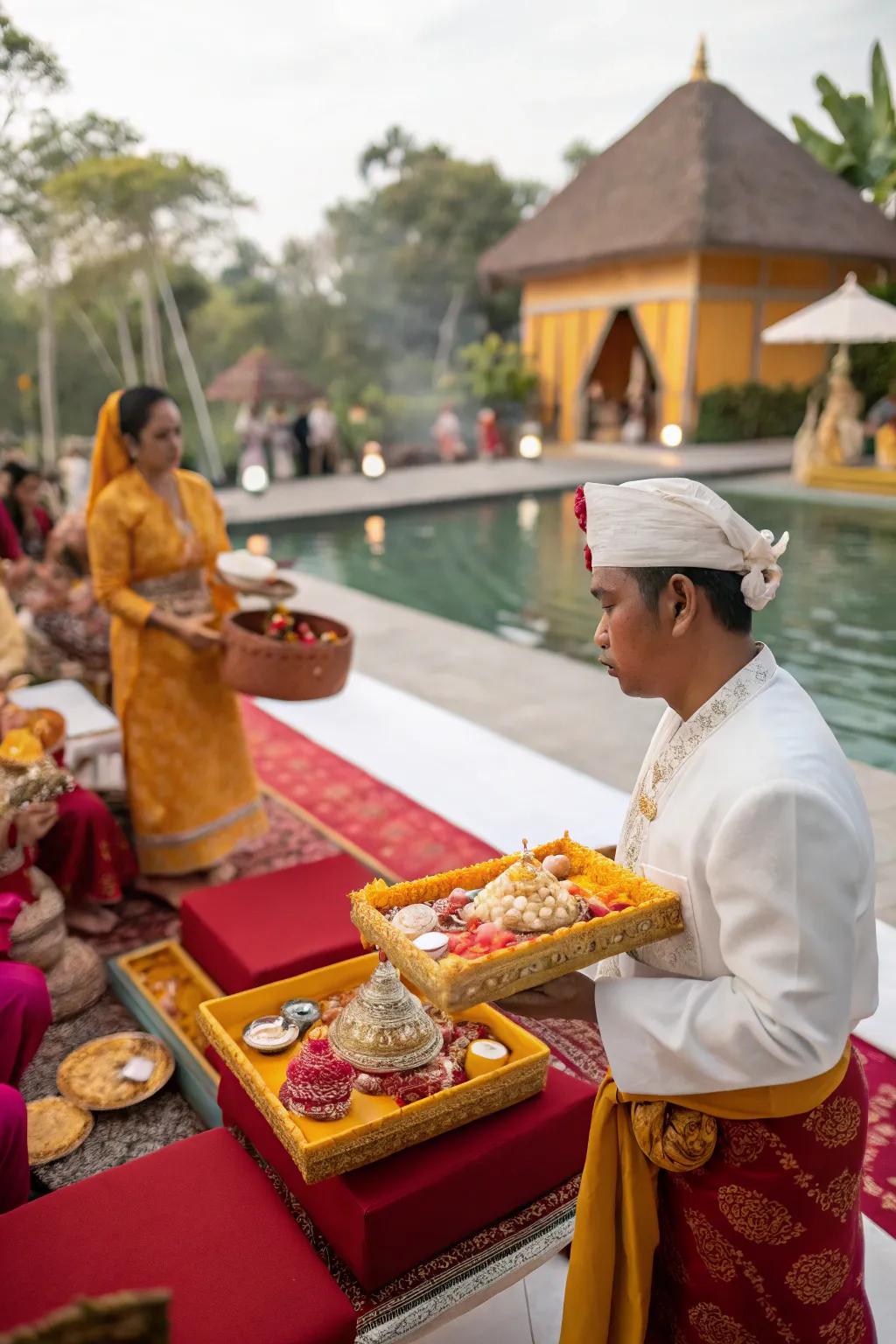 Heritage platters and components enrich the authenticity of a rice-feeding party.
