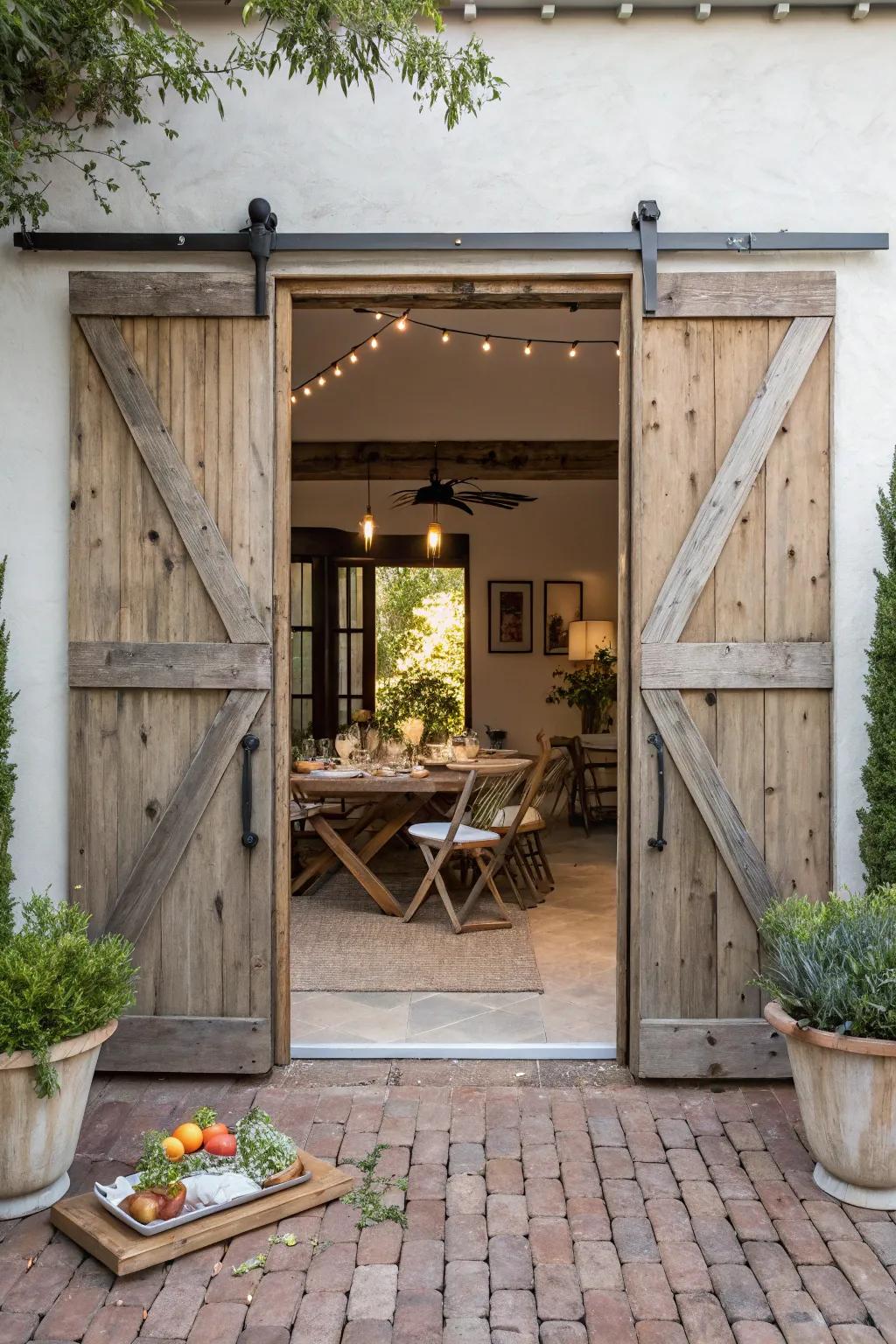 Sliding barn doors infuse rustic charm into your patio entrance.