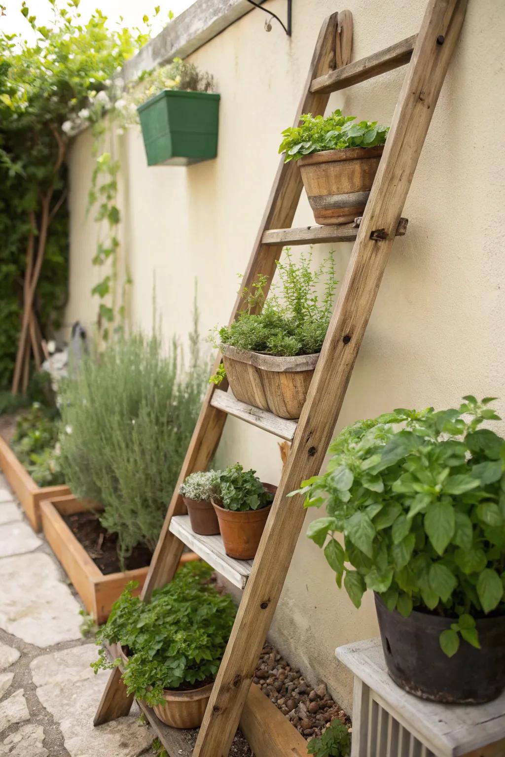 Down-to-earth ladder herb display.