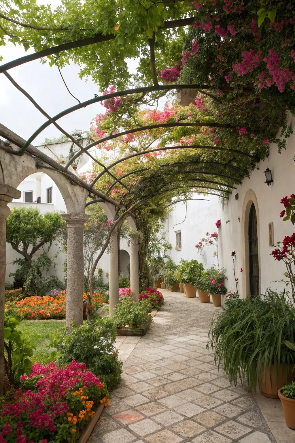 Arched pergolas with flowering vines provide shade and beauty.