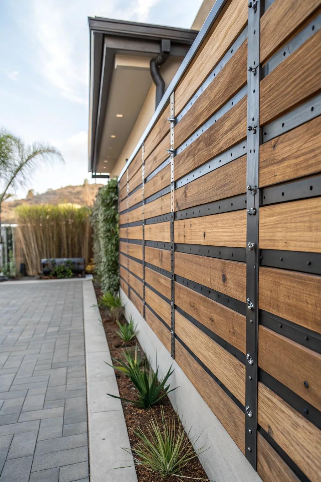 An industrial-inspired patio feature incorporating wood and metallic components.