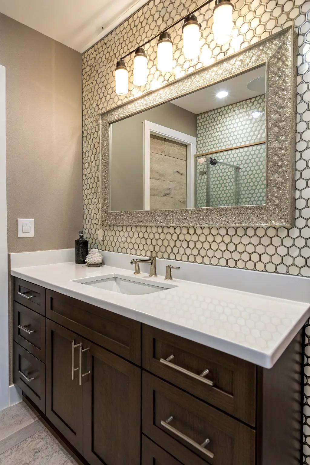 A fashionable penny tile backsplash behind a modern vanity.