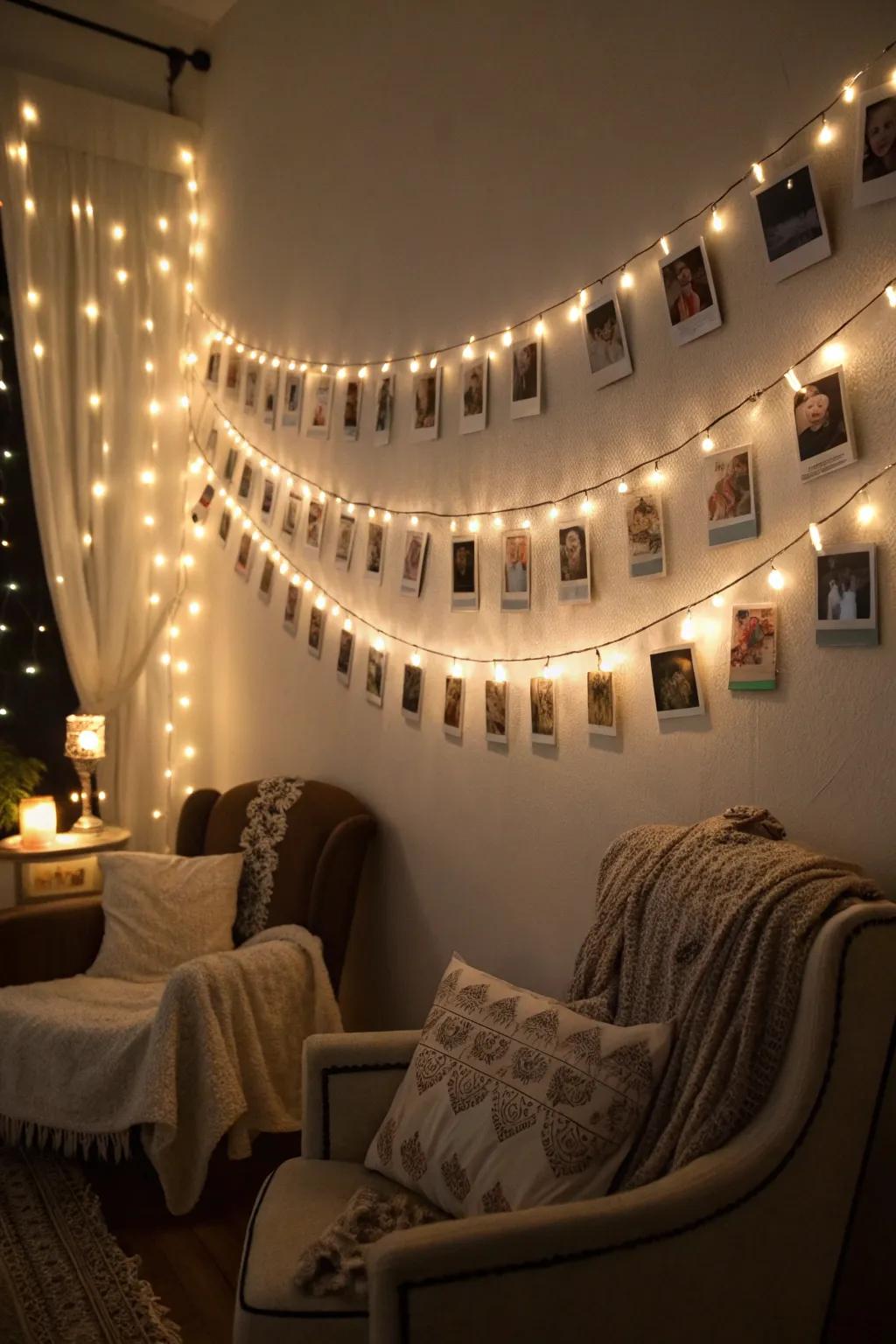 A memory lane garland with photos and fairy lights.