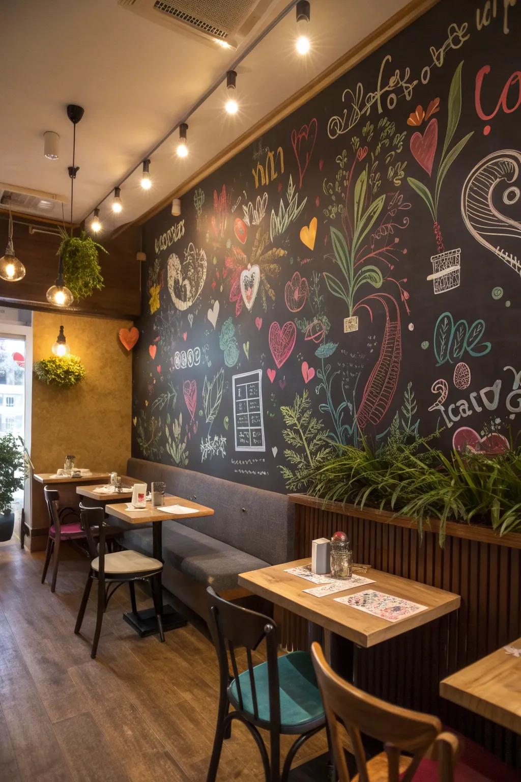 A writing board wall overflowing with colorful drawings and messages, promoting creativity.