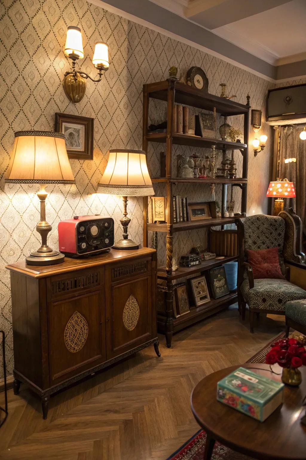 A vintage-styled corner with old-fashioned design pieces.