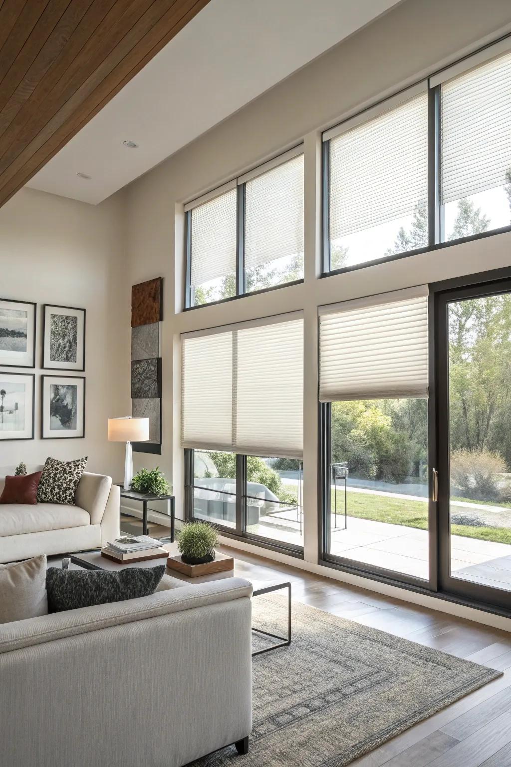 Modern family space featuring cellular blinds that offer energy-efficiency on a picture window.