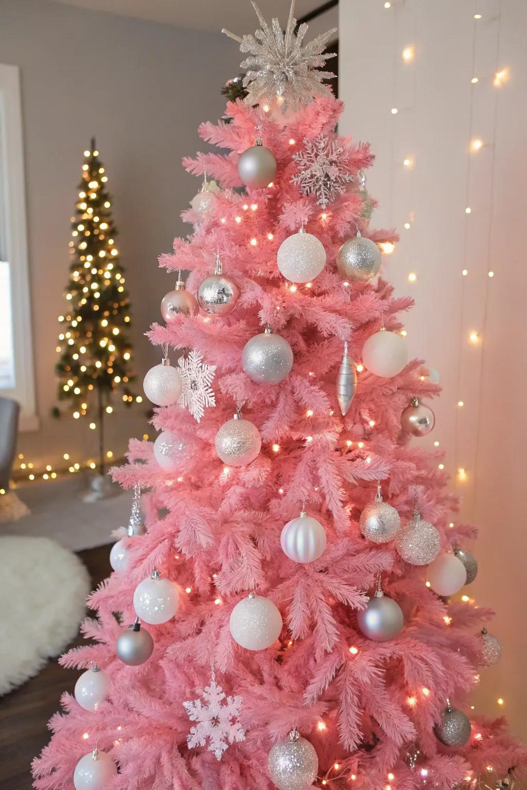 Ivory and silver accents highlight the charm of this pink tree.