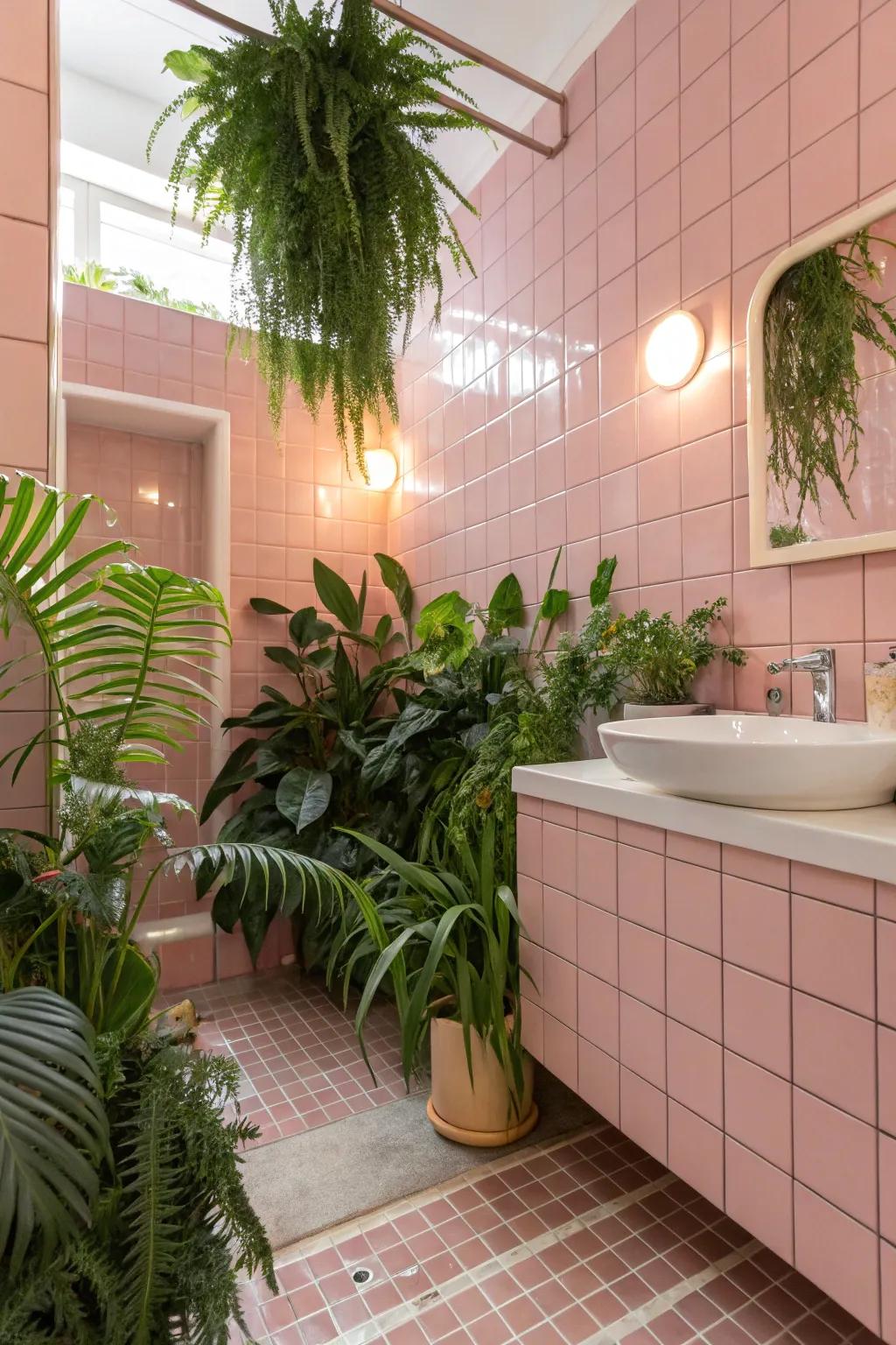 A refreshing bathroom that features pink tiles and plant touches.