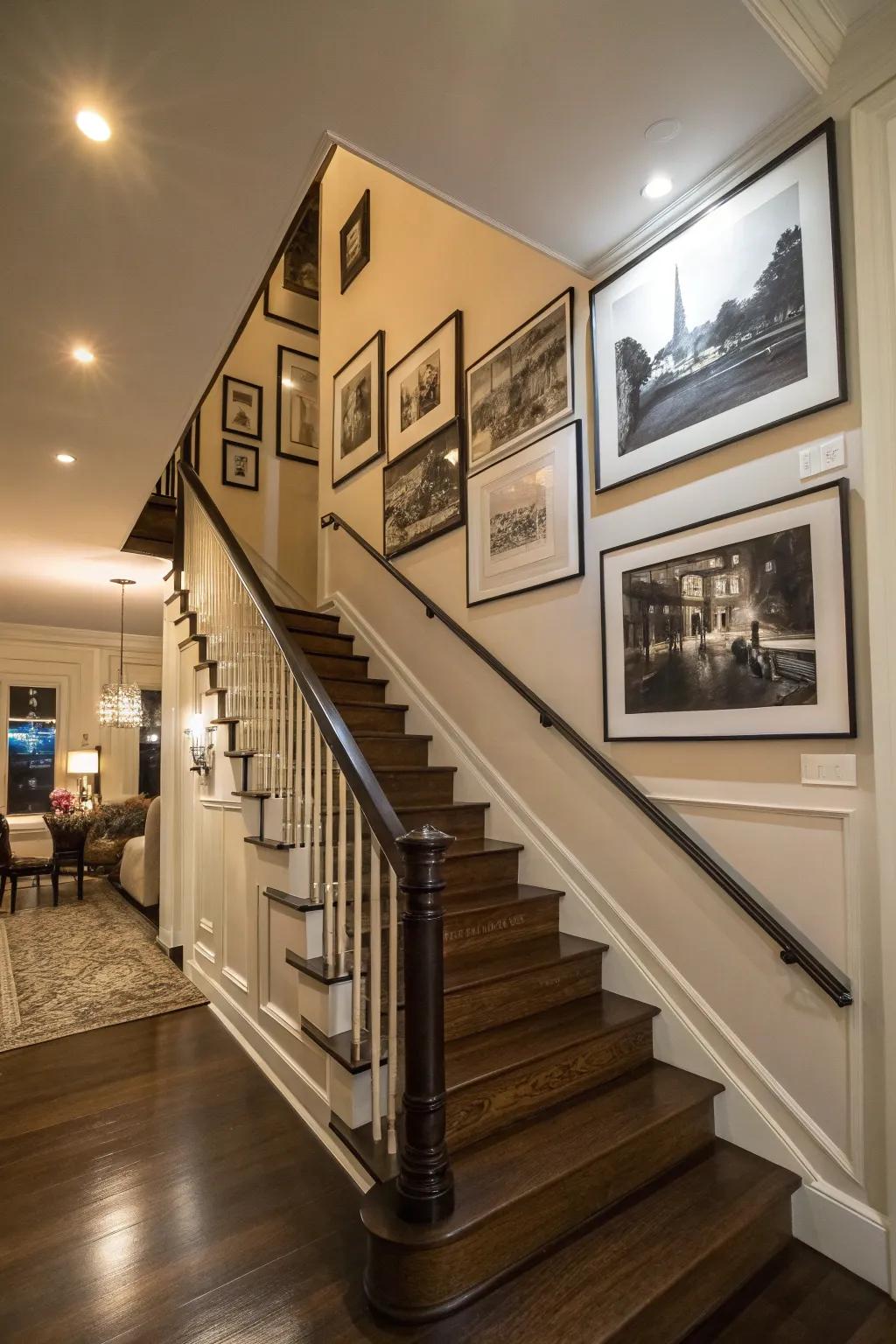 A monochrome photo wall art contributing sophistication to a staircase wall.