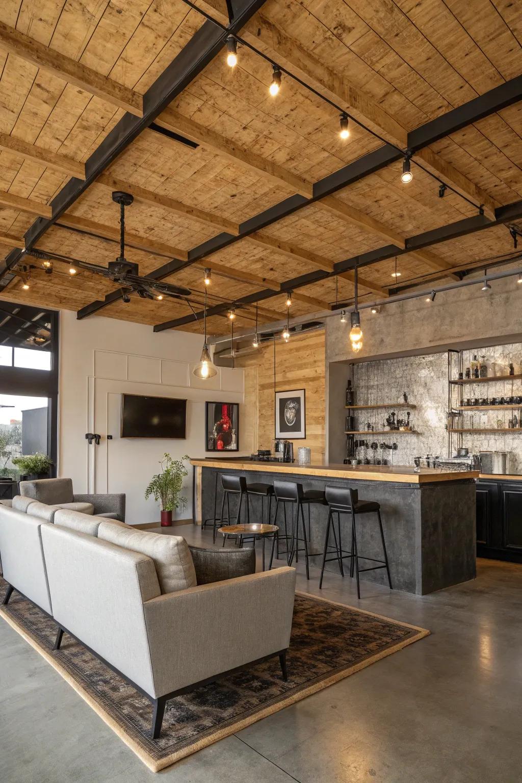 An urban look with plywood and exposed supports enhancing the ceiling's depth.