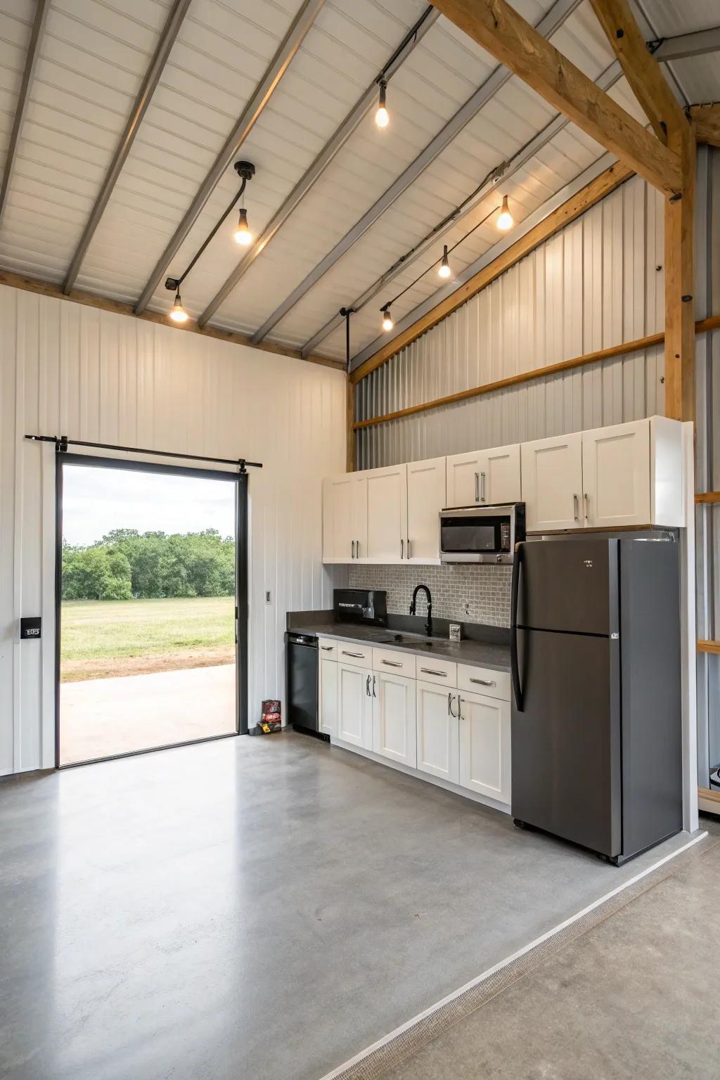 A modern eating area with a streamlined and minimalist design inside a pole barn.
